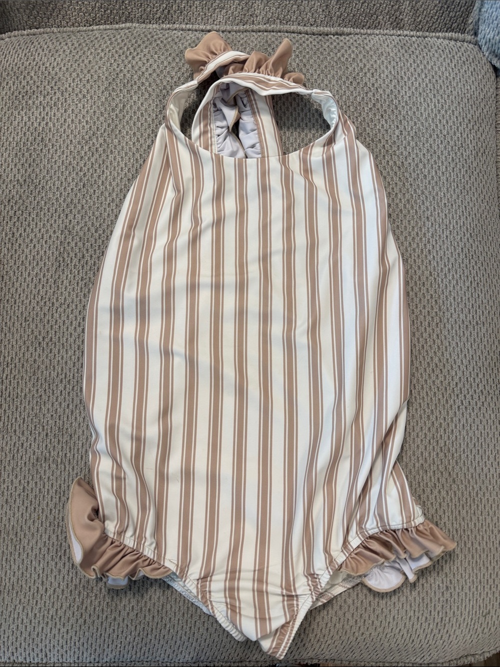 Indie blue Girls Striped Cream & Tan Ruffle Halter Kids Swimsuit